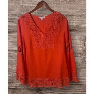 Silkland Orange Linen Blend Crochet Accent Long Sleeve Tunic Women's Size Medium